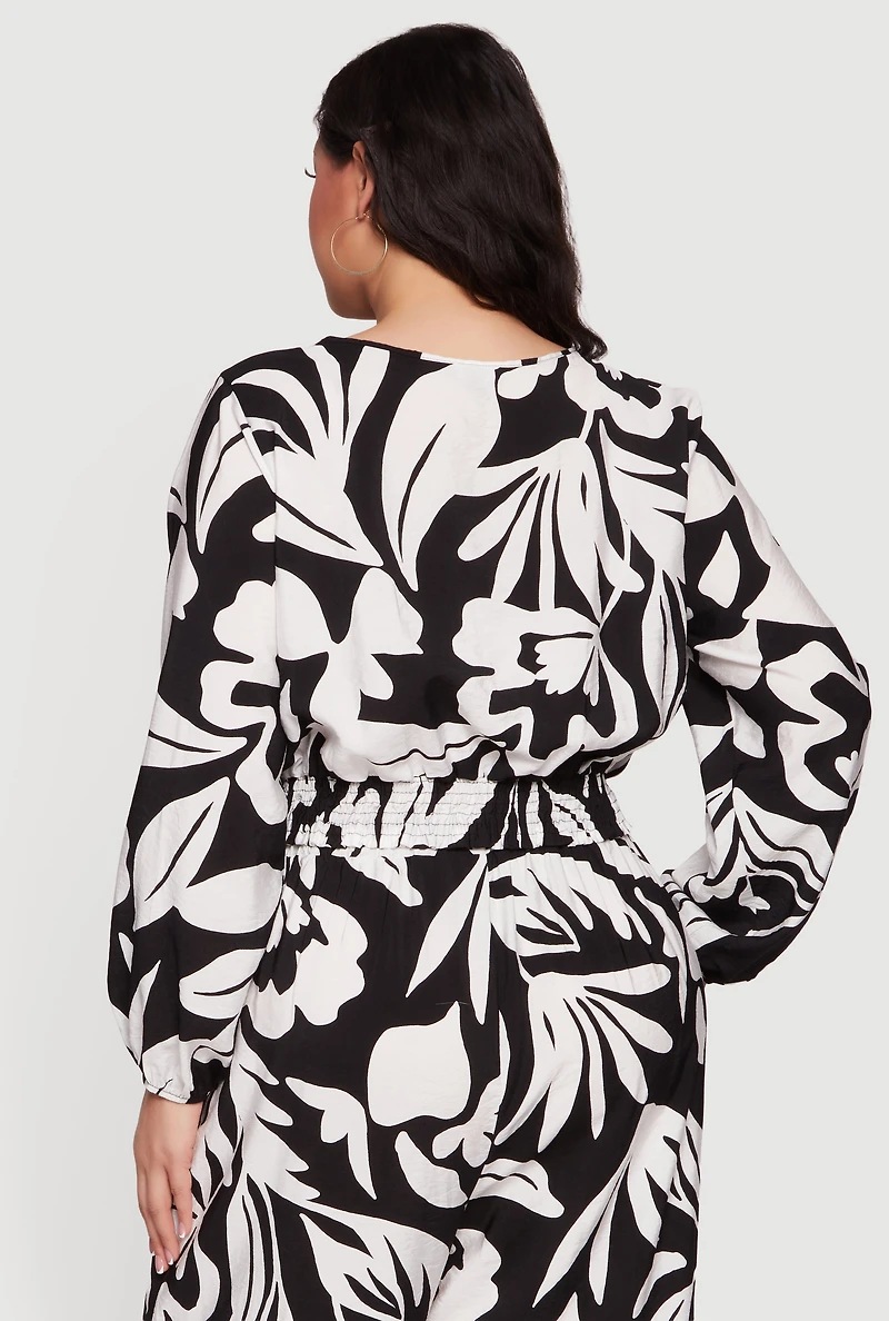 Plus Floral Print Smocked Bottom V Neck Blouse