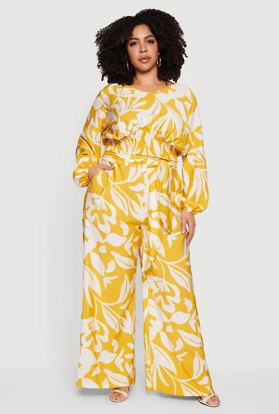 Plus Floral Print Tie Front Wide Leg Pants