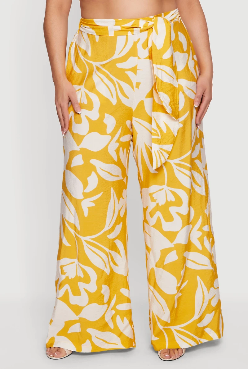 Plus Floral Print Tie Front Wide Leg Pants