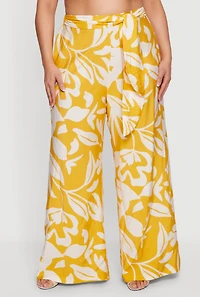 Plus Floral Print Tie Front Wide Leg Pants