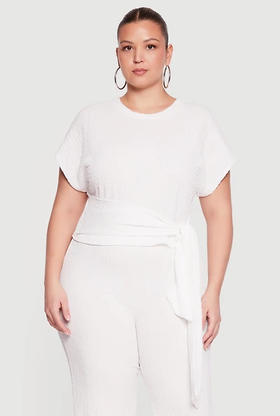 Plus Textured Knit Tie Front Blouse