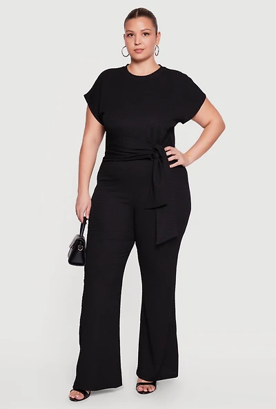 Plus Textured Knit Wide Leg Dress Pants
