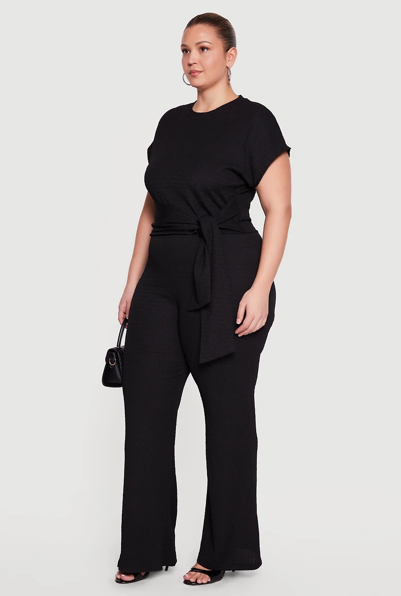 Plus Textured Knit Wide Leg Dress Pants