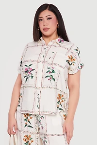 Plus Crepe Knit Floral Print Button Front Blouse