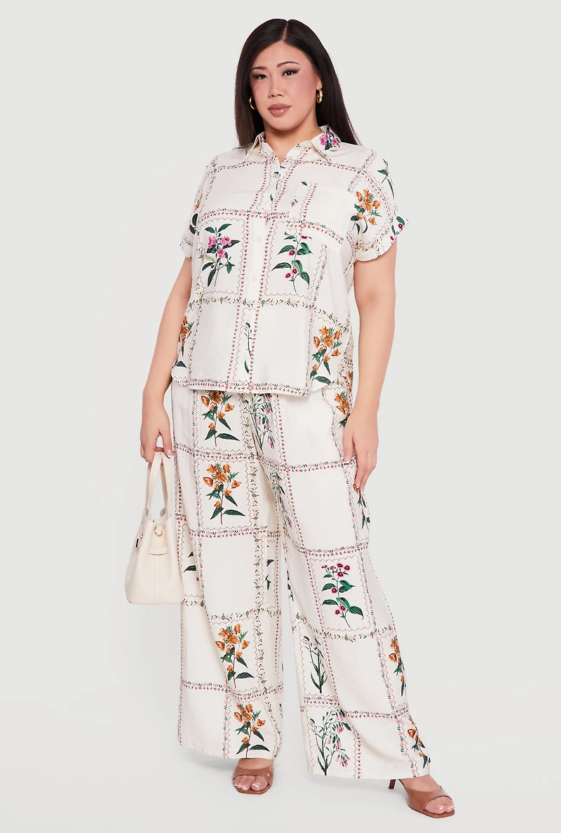 Plus Crepe Knit Floral Print Button Front Blouse