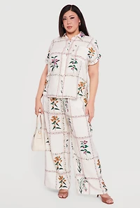 Plus Crepe Knit Floral Print Button Front Blouse