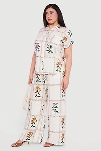 Plus Crepe Knit Floral Print Button Front Blouse