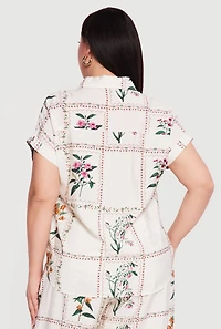 Plus Crepe Knit Floral Print Button Front Blouse