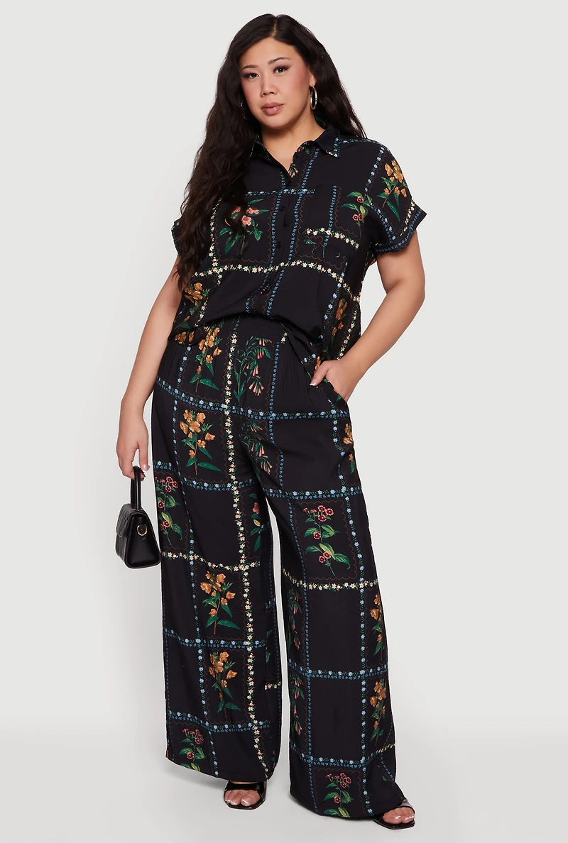 Plus Floral Wide Leg Pull On Pants