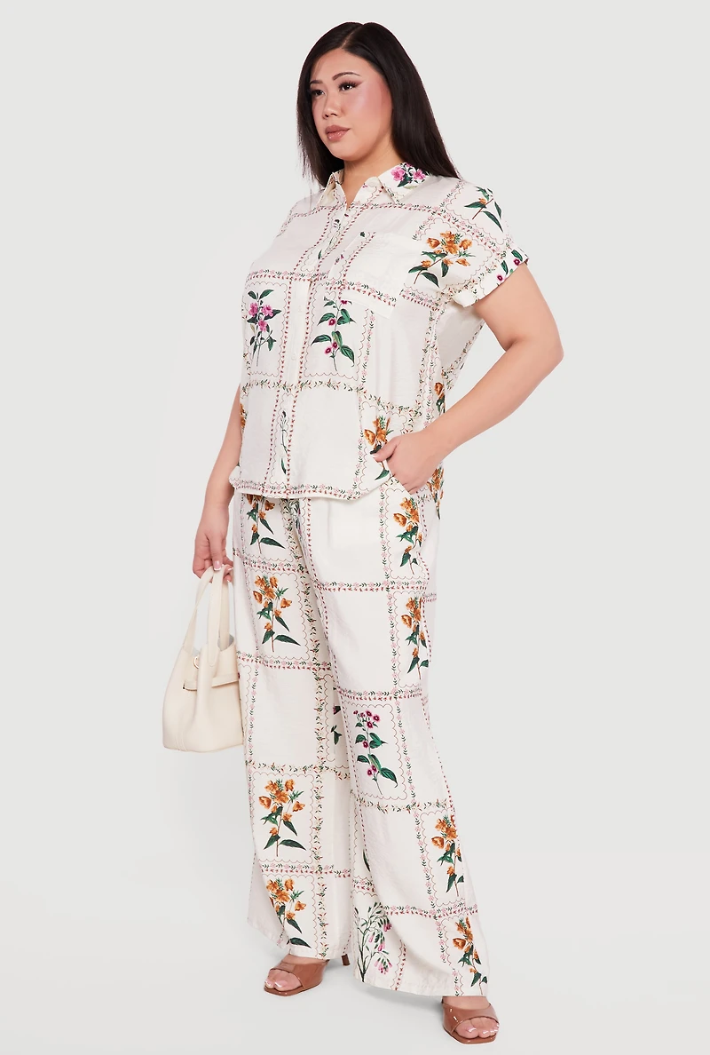Plus Floral Wide Leg Pull On Pants
