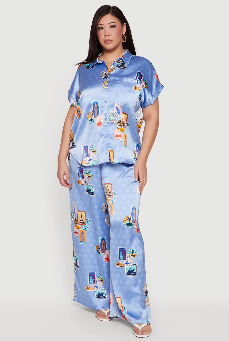 Plus Travel Destination Print Satin Shirt