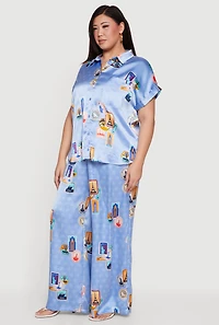 Plus Travel Destination Print Satin Shirt