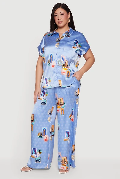 Plus Travel Destination Print Wide Leg Satin Pants