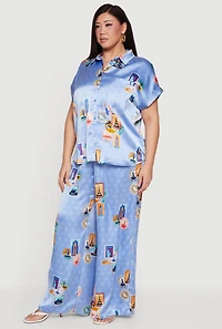 Plus Travel Destination Print Wide Leg Satin Pants
