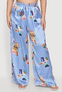 Plus Travel Destination Print Wide Leg Satin Pants