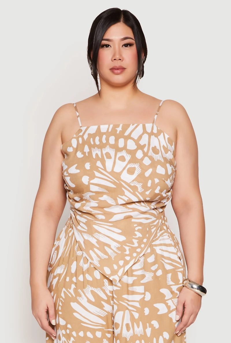 Womens Plus Size Abstract Butterfly Print Hanky Hem Top, Beige, Size 1X