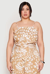 Womens Plus Size Abstract Butterfly Print Hanky Hem Top, Beige, Size 1X