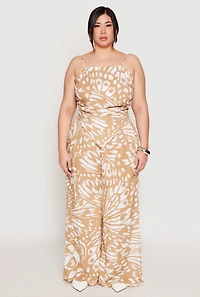 Womens Plus Size Abstract Butterfly Print Hanky Hem Top, Beige, Size 1X