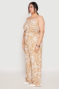 Womens Plus Size Abstract Butterfly Print Hanky Hem Top, Beige, Size 1X