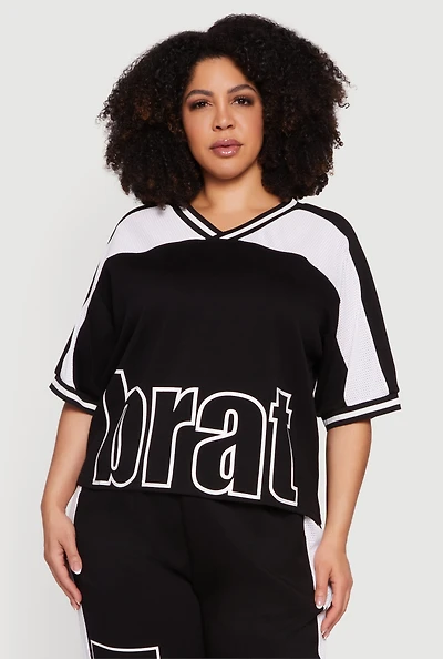 Plus Brat Graphic Jersey Mesh Detail Top