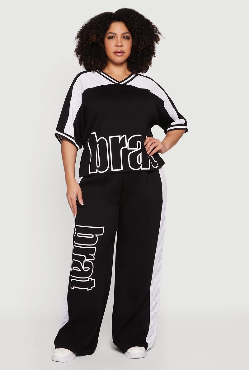 Plus Brat Graphic Jersey Mesh Detail Top