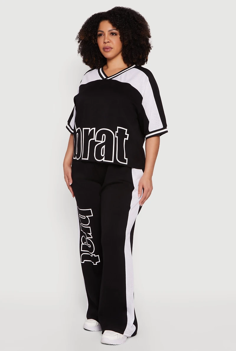 Plus Brat Graphic Jersey Mesh Detail Top