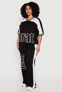 Plus Brat Graphic Jersey Mesh Detail Top