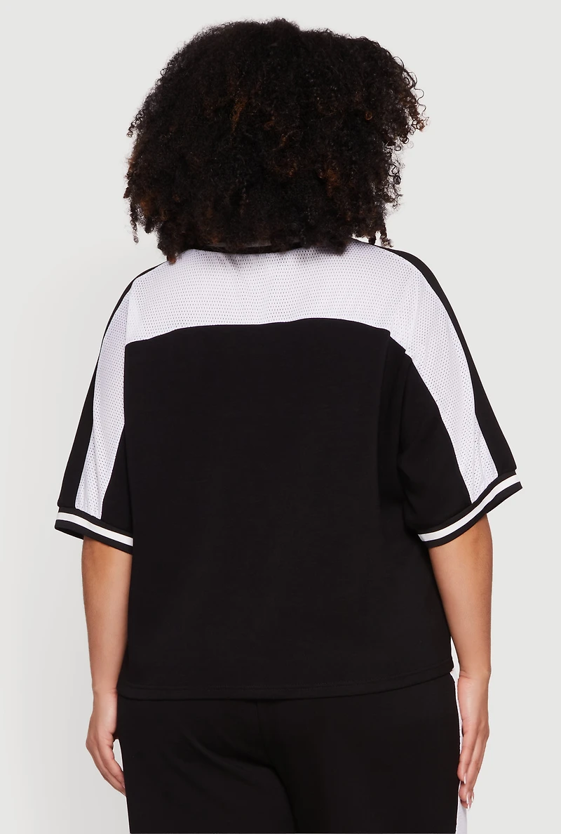 Plus Brat Graphic Jersey Mesh Detail Top