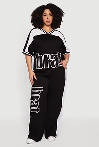 Plus Brat Graphic Drawstring Waist Wide Leg Pants