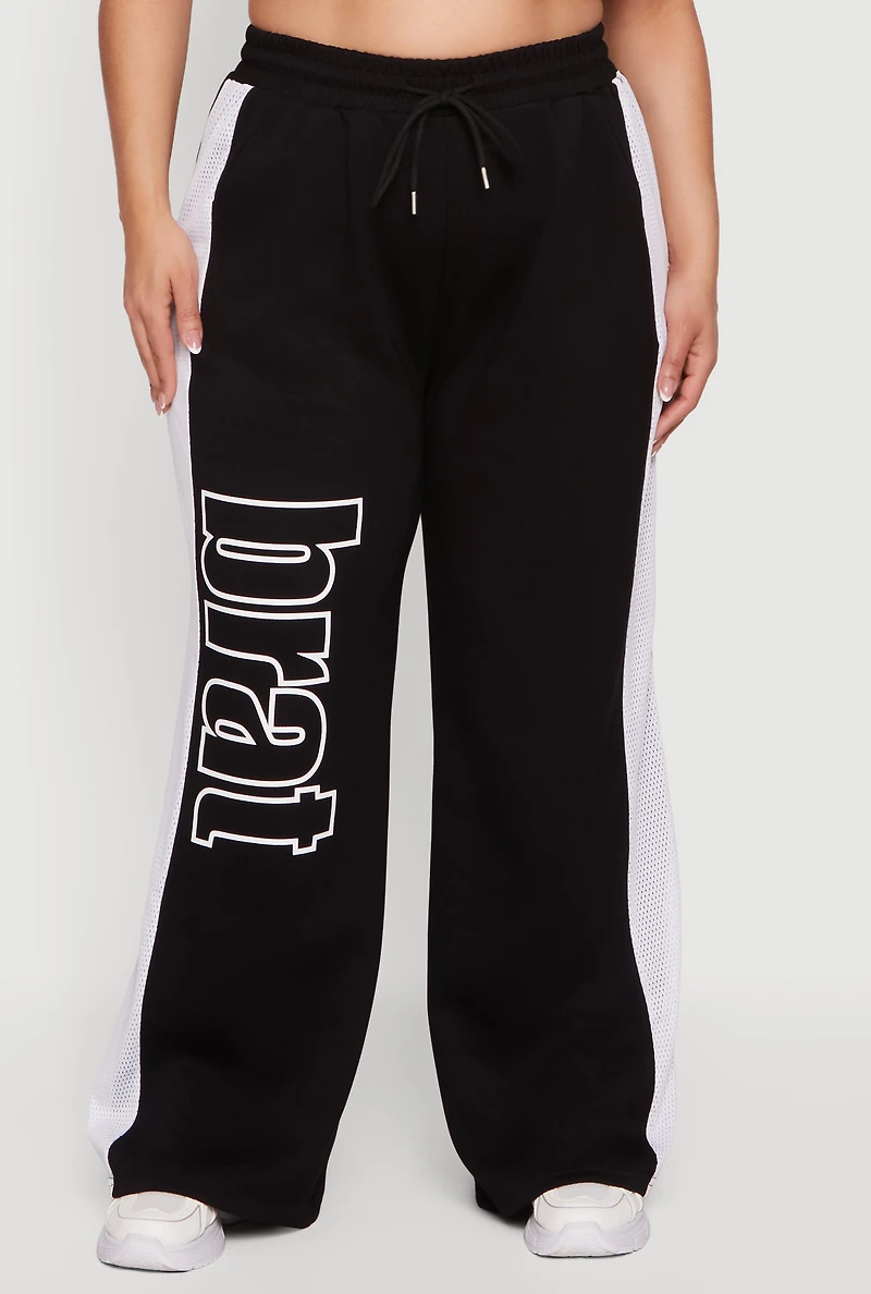 Plus Brat Graphic Drawstring Waist Wide Leg Pants