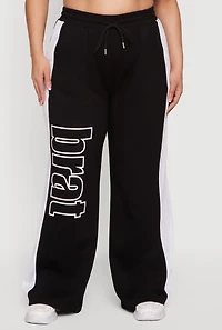 Plus Brat Graphic Drawstring Waist Wide Leg Pants