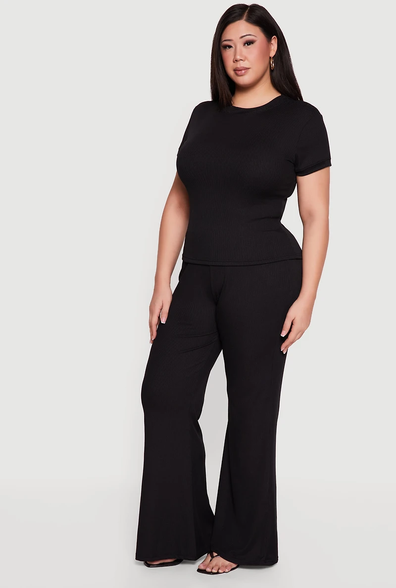 Plus High Waisted Ribbed Knit Flare Pants