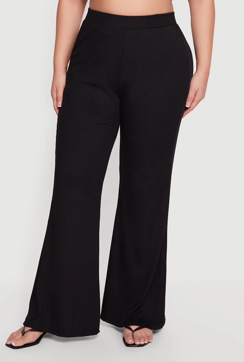 Plus High Waisted Ribbed Knit Flare Pants