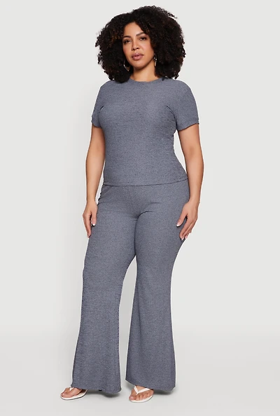 Plus High Waisted Ribbed Knit Flare Pants