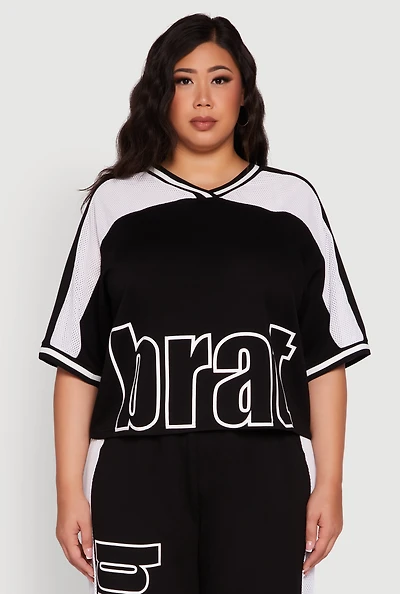 Womens Plus Size Brat Football Graphic Top, Black, Size 1X