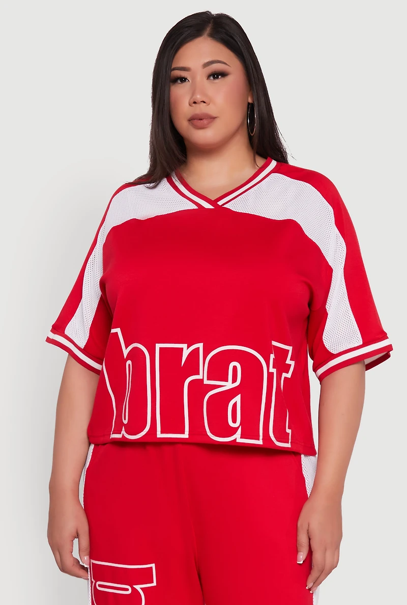 Womens Plus Size Brat Football Graphic Top, Red, Size 3X