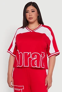 Womens Plus Size Brat Football Graphic Top, Red, Size 3X
