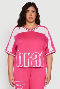 Womens Plus Size Brat Football Graphic Top, Pink, Size 3X
