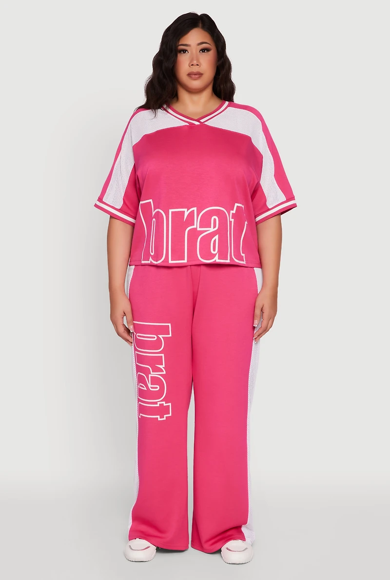 Womens Plus Size Brat Football Graphic Top, Pink, Size 3X