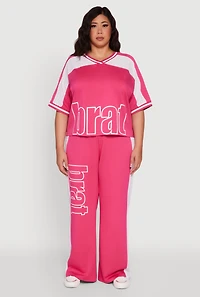 Womens Plus Size Brat Football Graphic Top, Pink, Size 3X