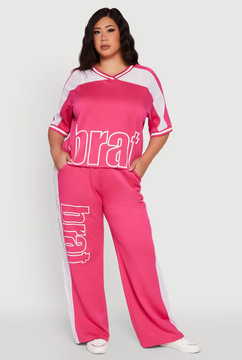 Womens Plus Size Brat Football Graphic Top, Pink, Size 3X