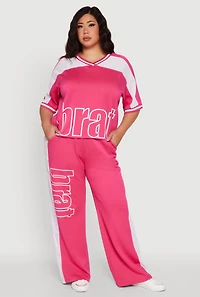 Womens Plus Size Brat Football Graphic Top, Pink, Size 3X