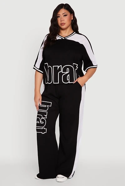 Womens Plus Size Brat Graphic High Waisted Active Pants, Black, Size 2X
