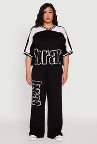 Womens Plus Size Brat Graphic High Waisted Active Pants, Black, Size 2X
