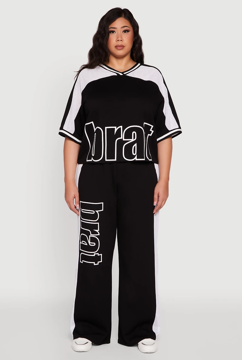 Womens Plus Size Brat Graphic High Waisted Active Pants, Black, Size 3X