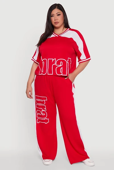 Womens Plus Size Brat Graphic High Waisted Active Pants, Red, Size 1X
