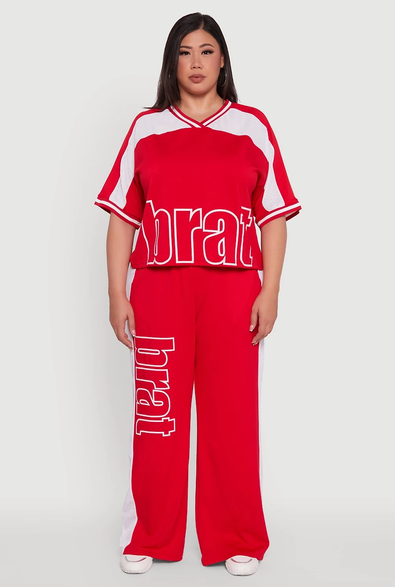 Womens Plus Size Brat Graphic High Waisted Active Pants, Red, Size 1X