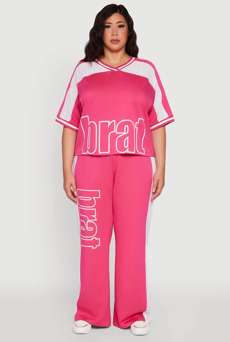 Womens Plus Size Brat Graphic High Waisted Active Pants, Pink, Size 1X