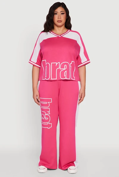 Womens Plus Size Brat Graphic High Waisted Active Pants, Pink, Size 1X