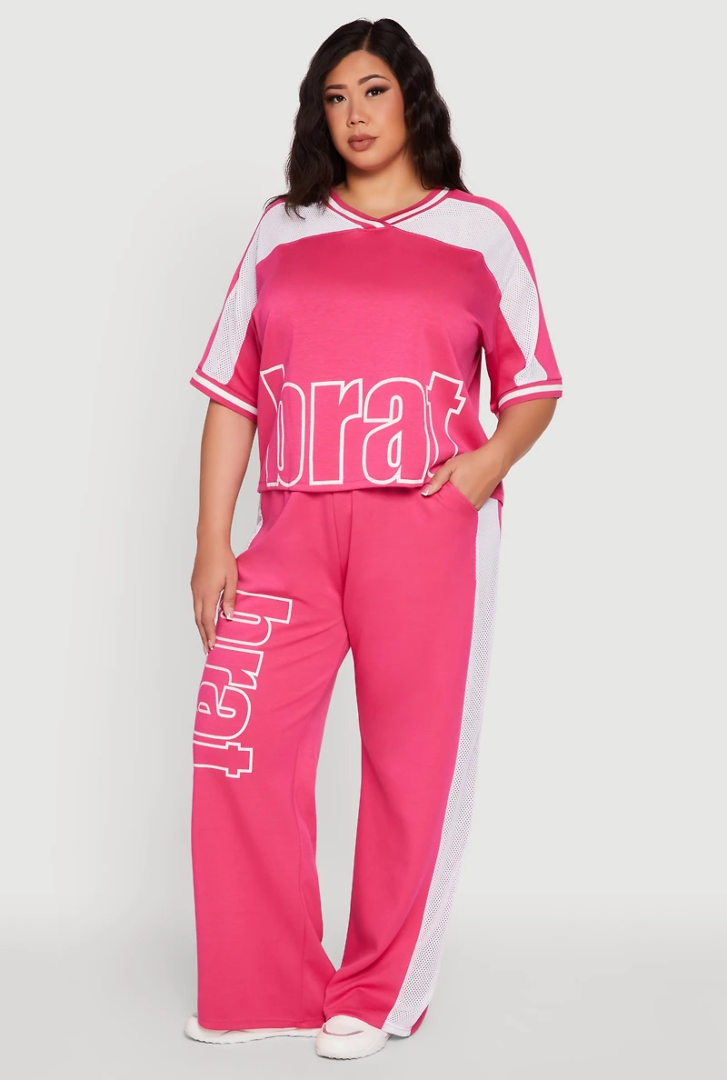 Womens Plus Size Brat Graphic High Waisted Active Pants, Pink, Size 1X
